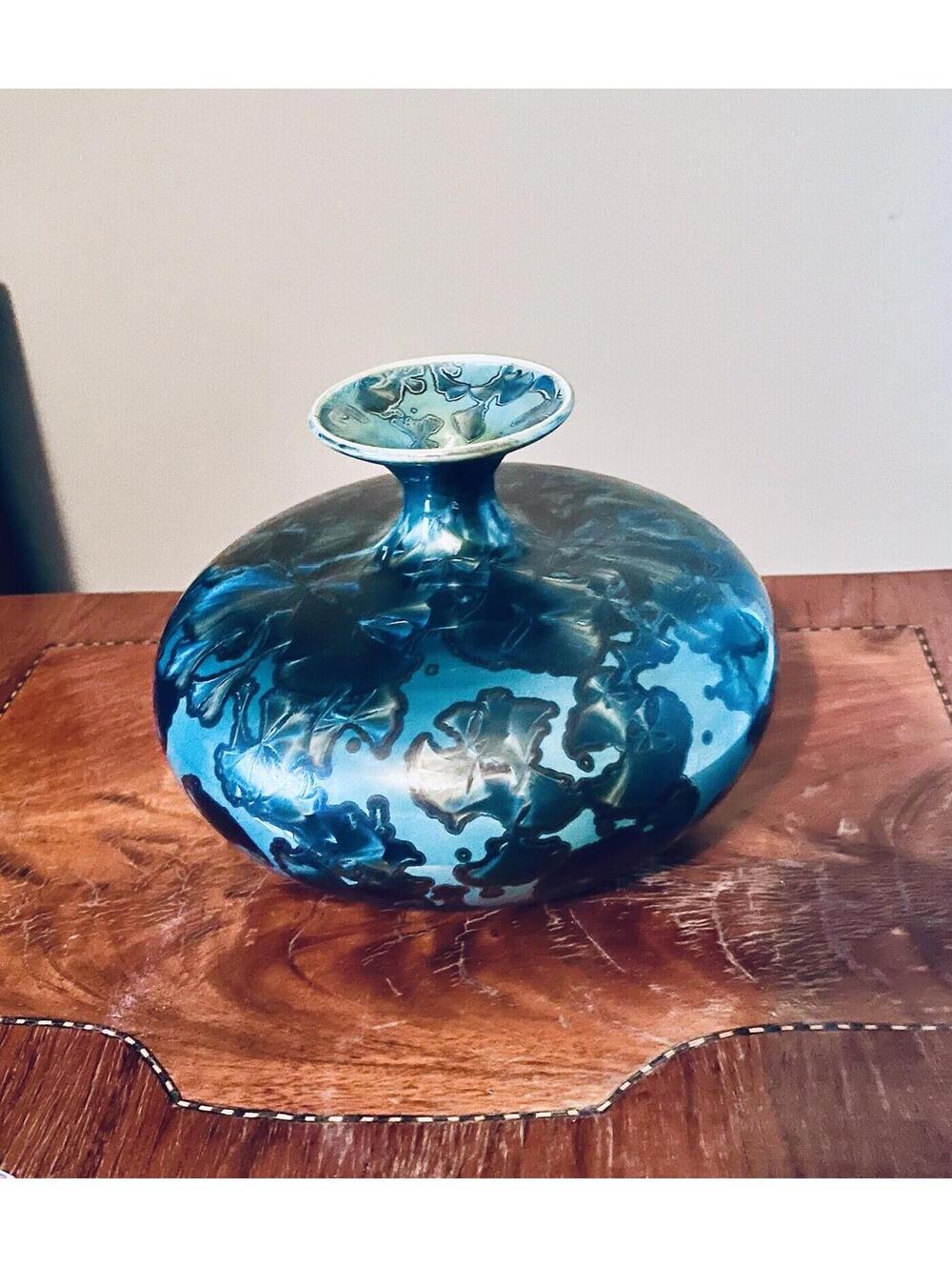 Ceramic Vase Crystalline Glaze Exquisite Floral Design  Artist Signed Rare